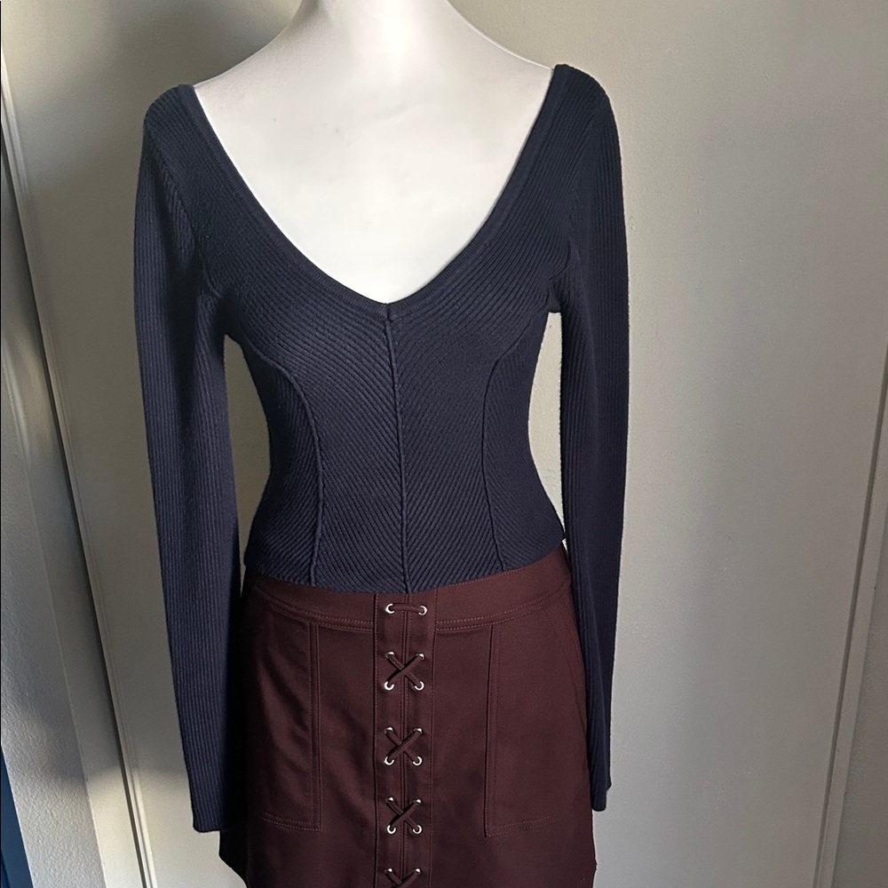 Pac Sun Exclusive Beverly and Beck Eco Katrina V-Neck Navy Blue Ribbed Sweater